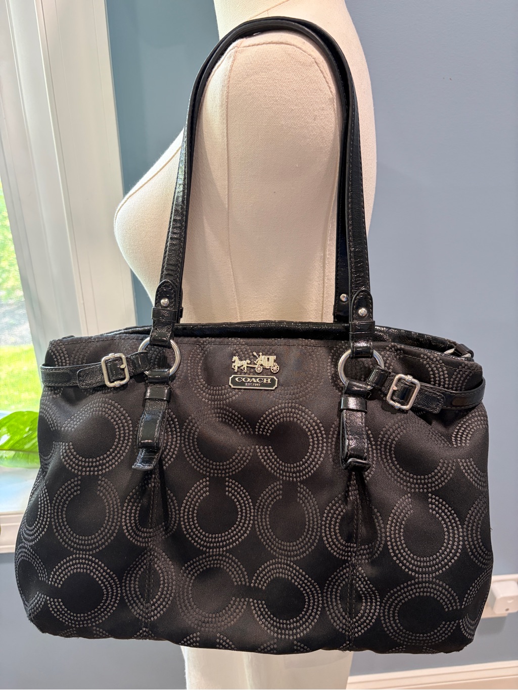 Coach Y2k Black Op Art Signature Tote Bag Patent Leather Shoulder Purse Large
